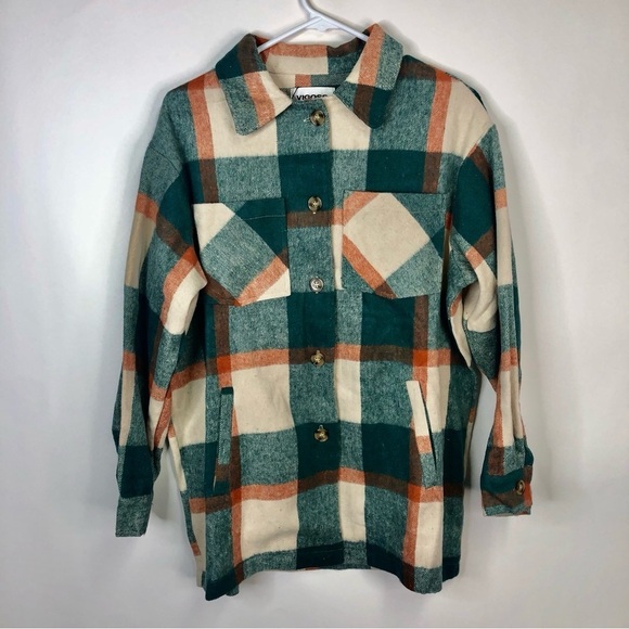 Vigoss Lexi jade green and coral plaid long sleeve shacket button down XS - Picture 1 of 13